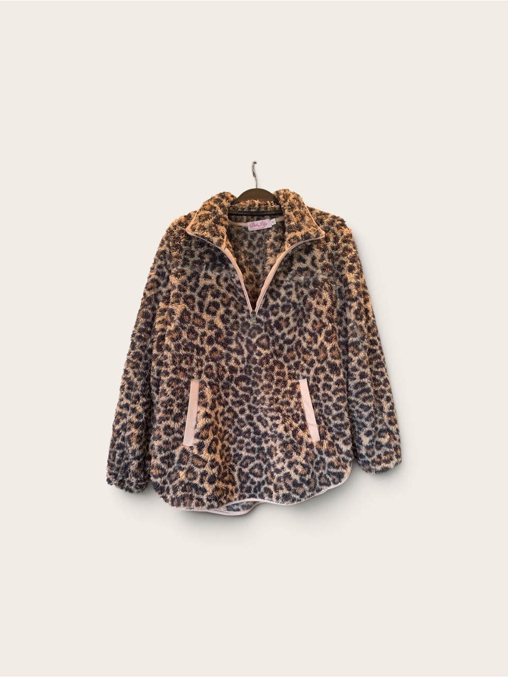 Pink Lily Leopard Sherpa 1/4 Zip Teddy Pullover Small